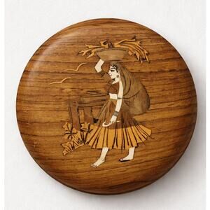 Vintage Wooden Marquetry Trinket Box Woman Inlay Round Jewelry Box 4.5" diameter
